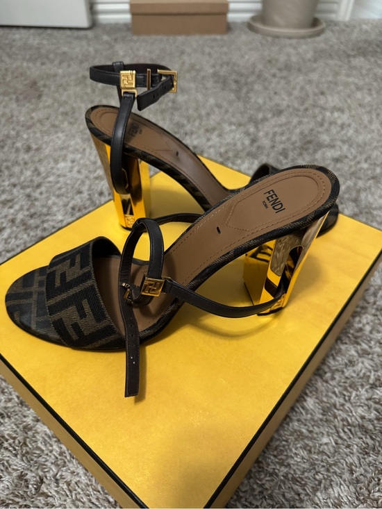 Fendi Shoes - Fendi Black and Gold FF Logo Block Heel Sandals